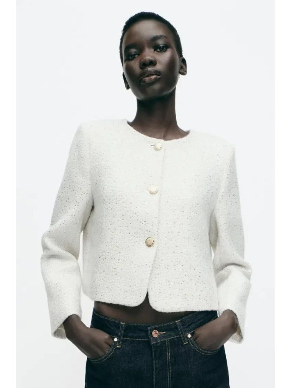 Zara Womens Blazer Jacket M White Tweed Textured Sequin Cropped 8741/234 NWT